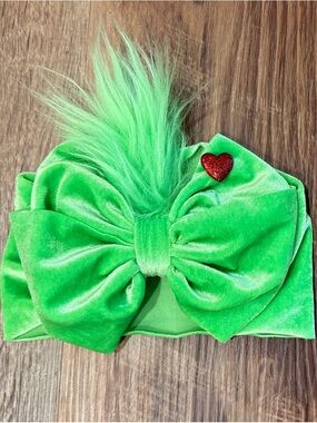 Custom Velvet Grinch Wrap Bow Headband with Heart Accent
